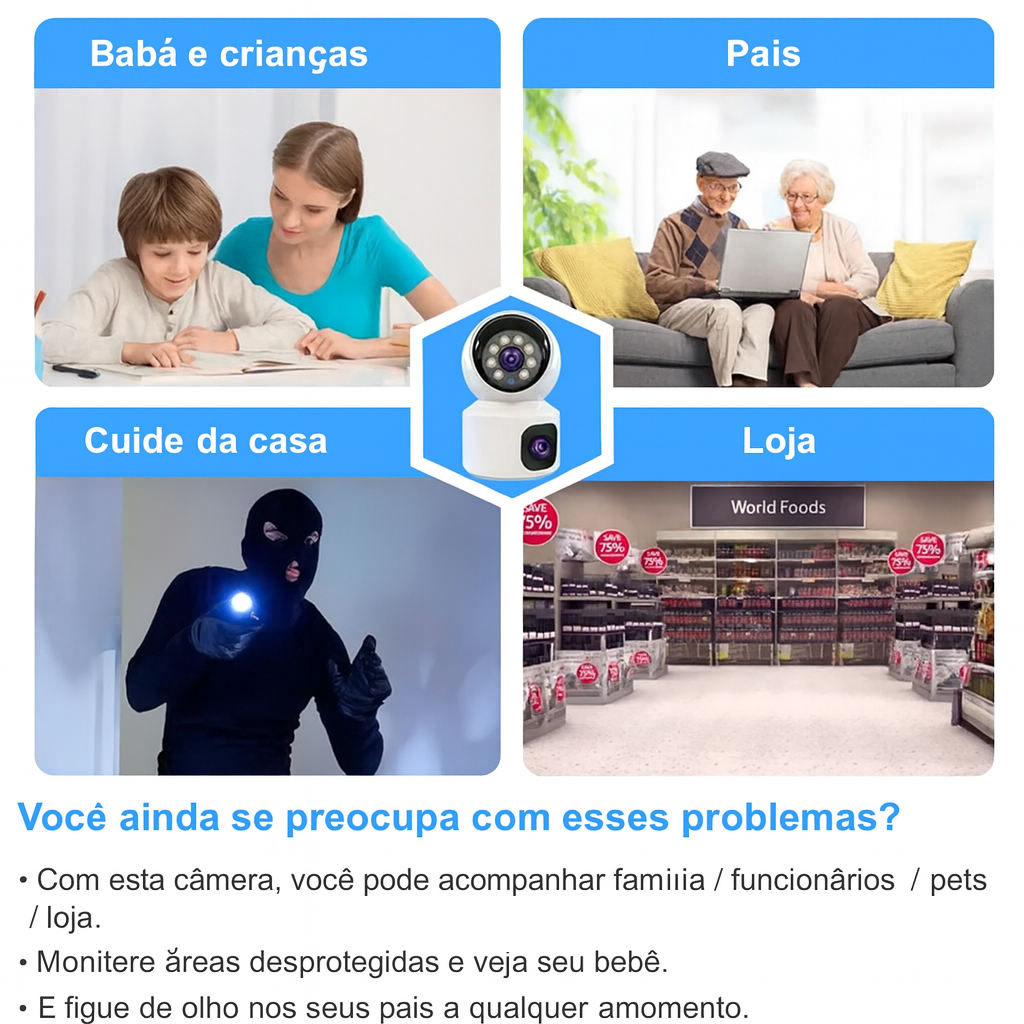 Câmera de Segurança Inteligente Wi-Fi 8MP com Dupla Lente, Visão 360°, IA e Áudio Bidirecional Cugo