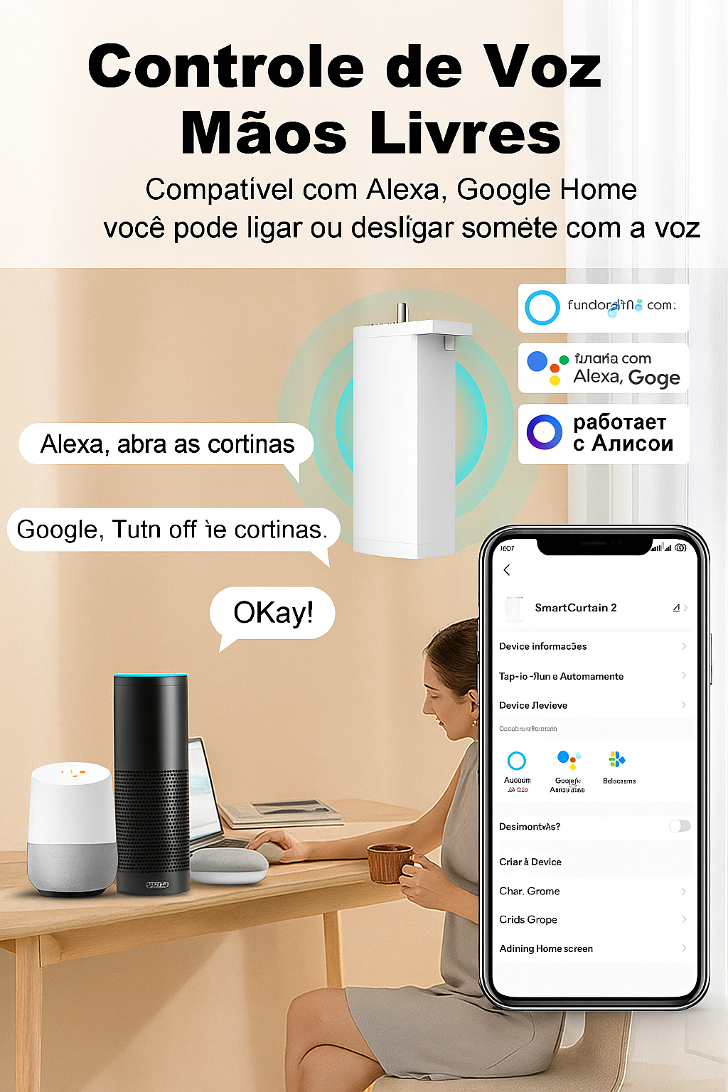 Cortina Inteligente Tuya Silenciosa 150mm com Alexa, Google e Controle Remoto