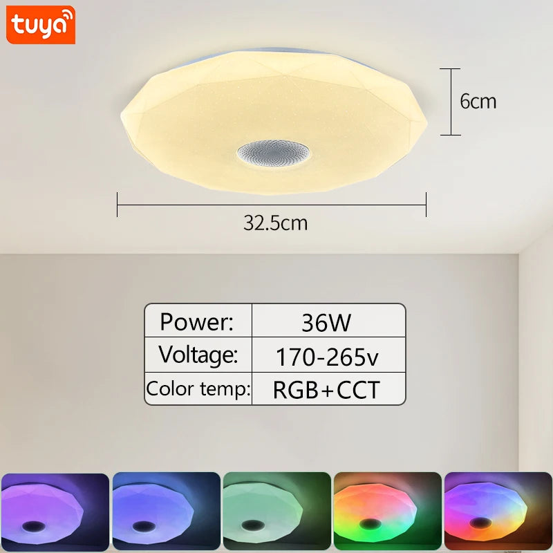 Luminária Inteligente de Teto 36W RGB com Música – Controle por App Tuya, Remoto e Alexa/Google