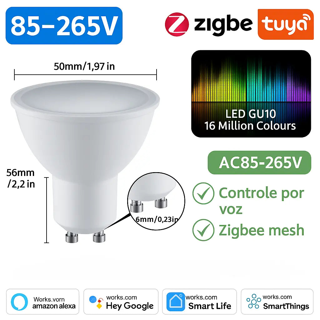 Lâmpada Inteligente GU10 RGB+W - Spot LED Wi-Fi compatível com Alexa e Google Home