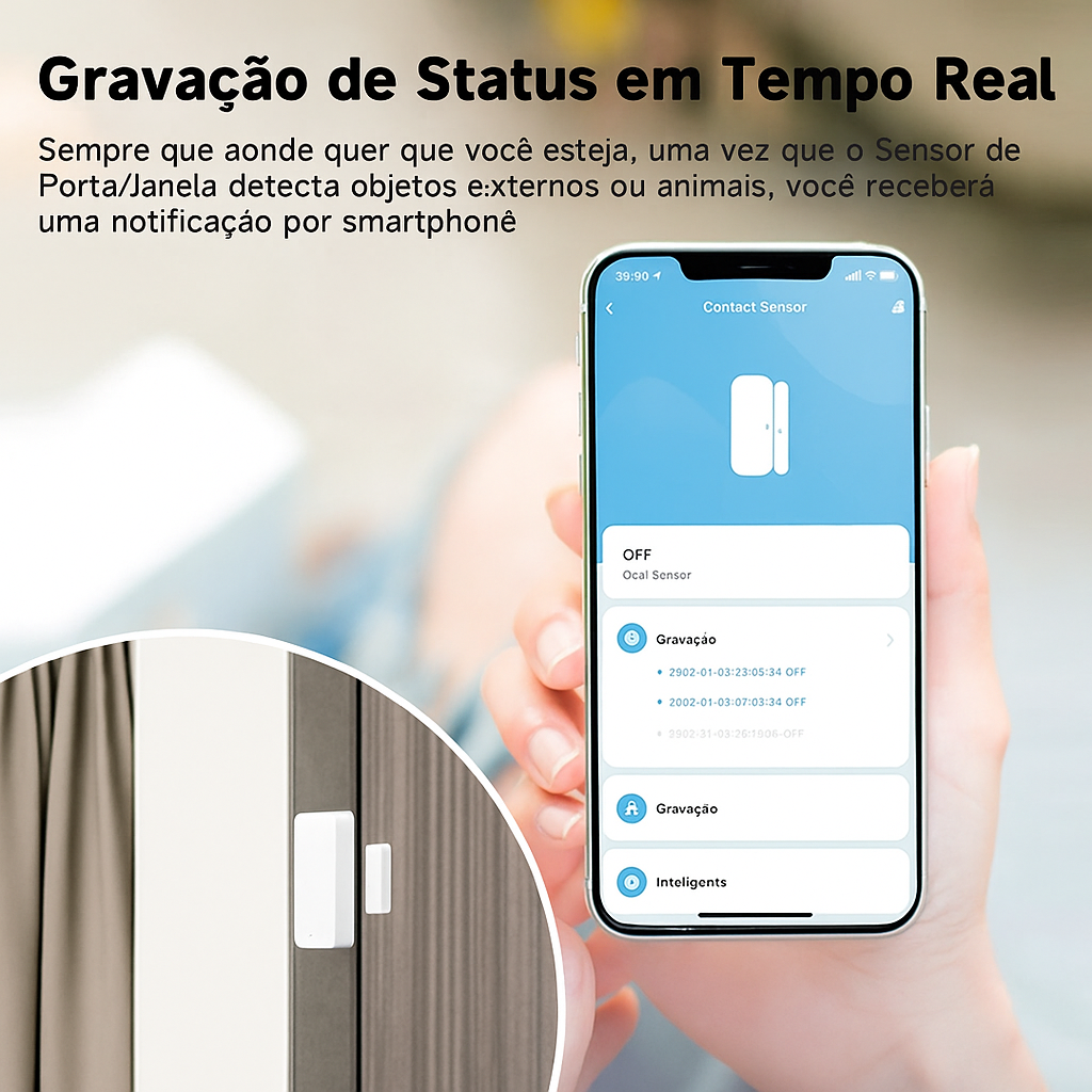 Sensor de Porta e Janela Inteligente Tuya - Alarme Wi-Fi/Zigbee com Notificação no Celular e Alexa
