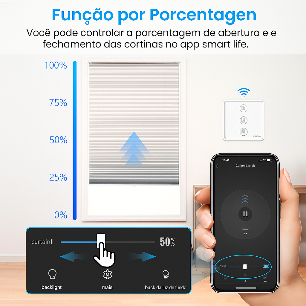 automação de cortinas/persianas

controle por voz e pelo celular

conforto e praticidade no dia a dia

programação por horário/cenários

instalação simples, sem hub

ajuste preciso de abertura

ideal para projetos de casa inteligente

design discreto com botão físico

upgrade rápido e custo-benefício

compatível Tuya/Smart Life