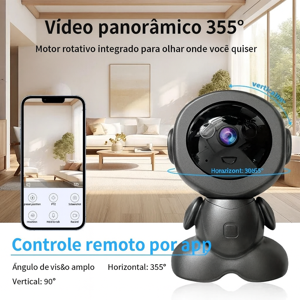 Lente grande angular com imagem nítida em ambientes internos
Câmera Wi-Fi com gravação na nuvem e cartão de memória
Câmera IP com visão noturna infravermelha automática
Alerta instantâneo de movimento enviado pelo app
Câmera de segurança para sala com suporte a smartphone
Câmera compacta estilo robô para monitoramento residencial
Mãe e filho vistos pelo app da câmera em tempo real
Câmera apontada para janela com feixe de luz e detecção
Interface do app mostrando controle de som e PTZ
Câmera Wi-Fi sobre a me