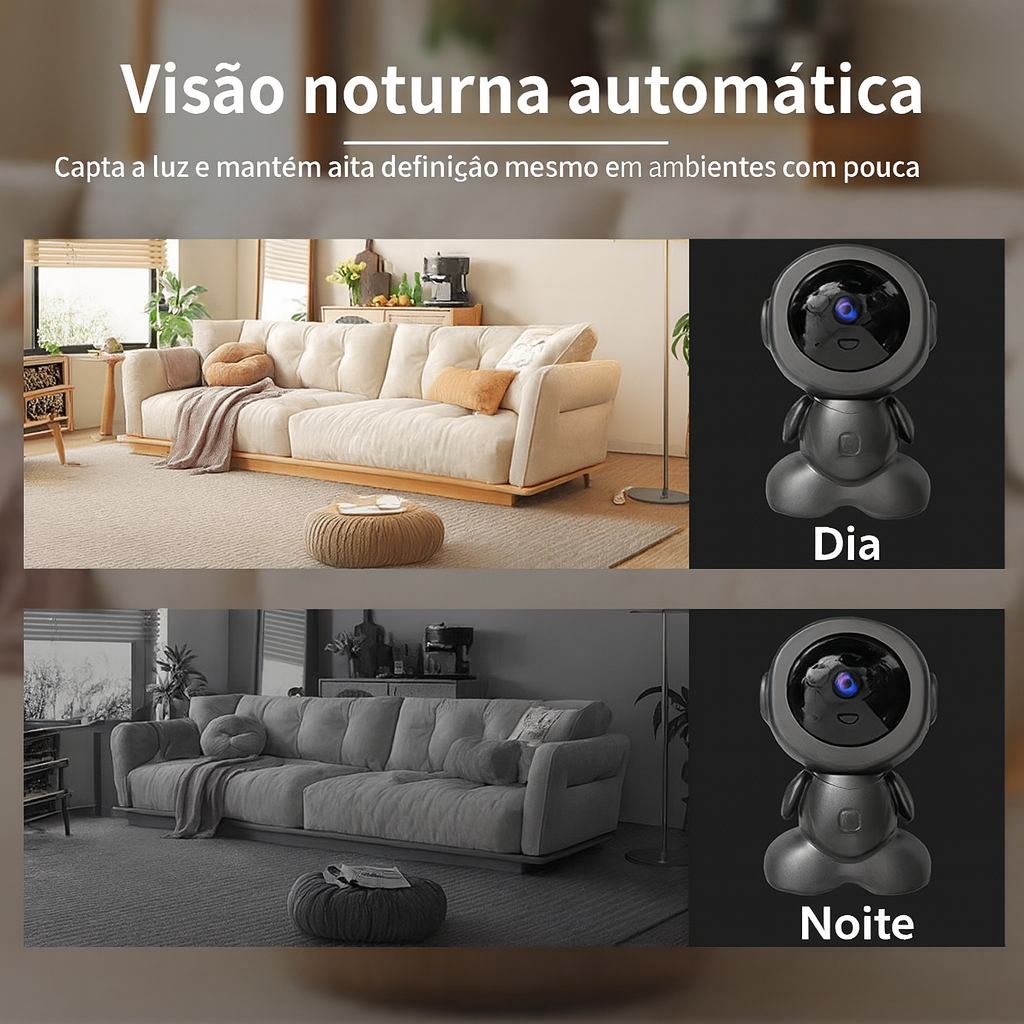 Câmera interna Wi-Fi com alertas por movimento
Câmera IP residencial com notificação no smartphone
Câmera inteligente para monitorar casa em tempo real
Câmera de segurança com conversa via aplicativo
Câmera Wi-Fi com monitoramento para bebês e pets
Câmera doméstica com detecção e aviso imediato
Câmera IP compacta sobre mesa, pronta para uso
Câmera com áudio de duas vias e app no celular
Câmera de vigilância com acompanhamento por família
Câmera Wi-Fi apontando para a janela em ambiente interno
