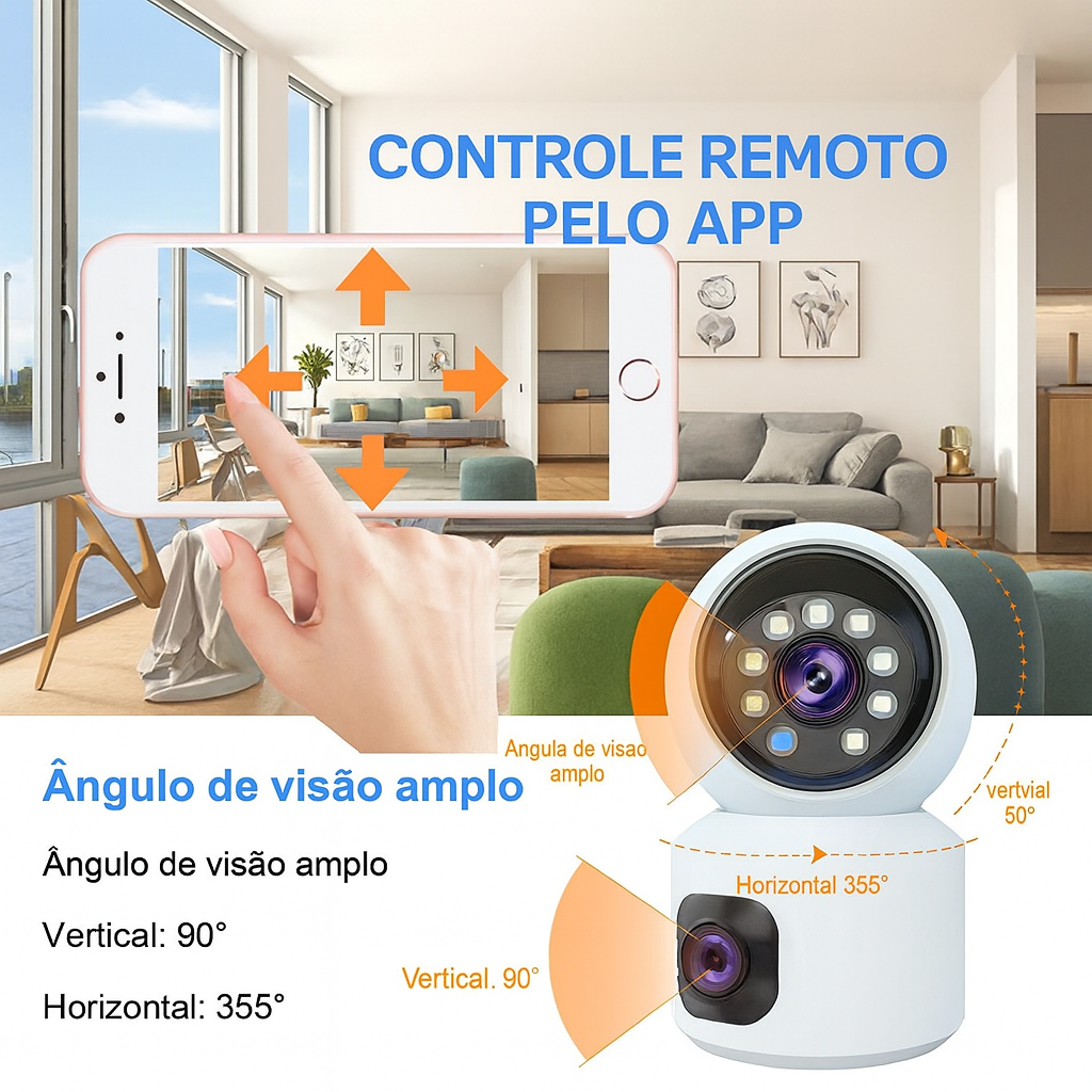 Câmera PTZ Wi-Fi controlada pelo aplicativo
Ajuste a posição da câmera no app em tempo real
Câmera IP com rotação lateral 355° e inclinação 90°
Controle por toques na tela para mover a câmera
Câmera de segurança com comando remoto no celular
Visualização ao vivo com controle de direção no app
Câmera interna PTZ com visão ampla da sala
Setas no app indicando movimento da câmera
Câmera Wi-Fi com giro panorâmico pelo smartphone
Controle de pan e tilt da câmera via aplicativo	