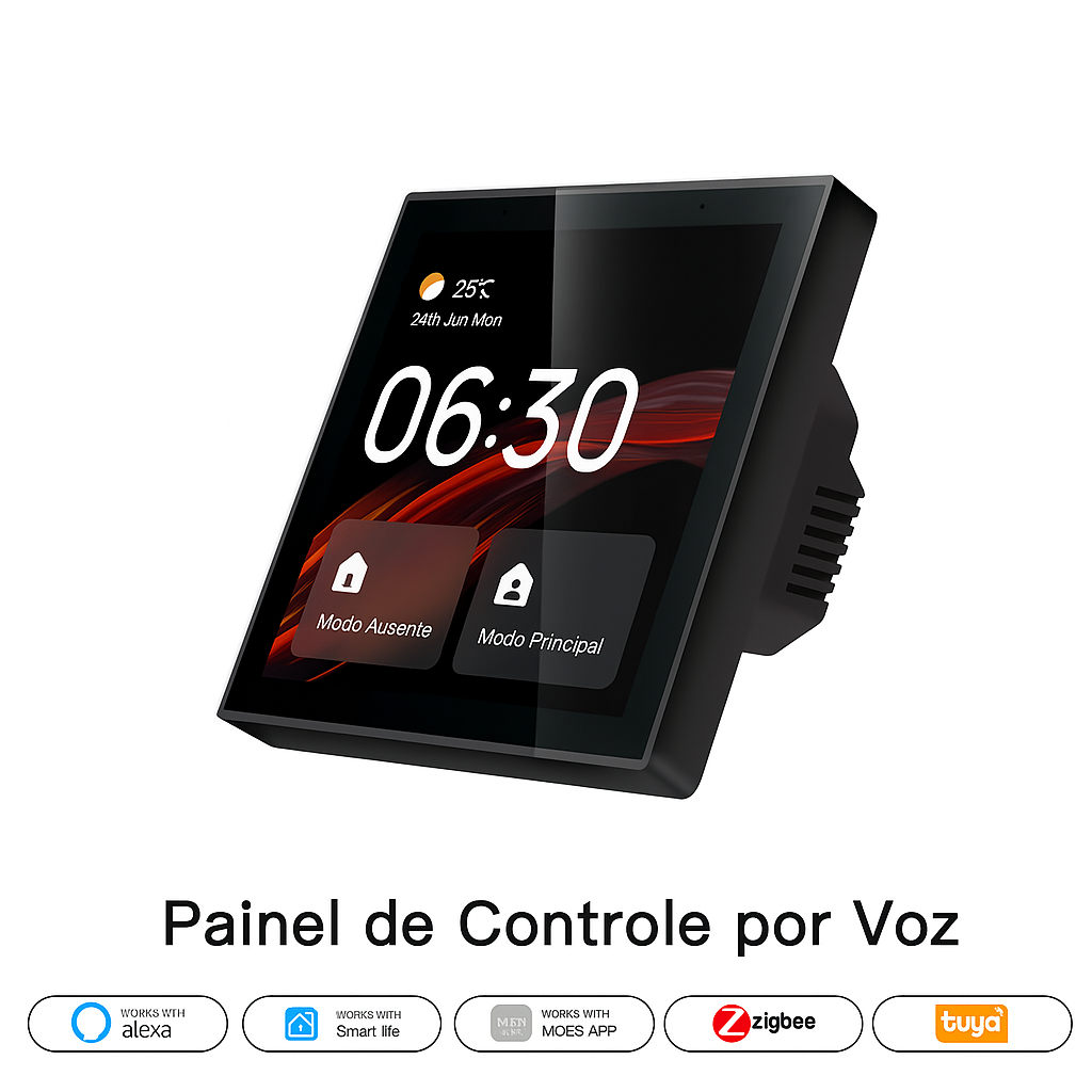 Painel smart 4" com tela touch

Gateway Zigbee integrado (sem hub extra)

Wi-Fi 2.4GHz + Tuya/Smart Life

Controle de 100+ dispositivos (luzes, cortinas, sensores)

Compatível com Alexa e Google (voz)

Cenas e automações programáveis

Ajuste automático de brilho da tela

Interface intuitiva com múltiplos temas

Monitoramento de hora, data, temperatura

Substitui interruptor por painel inteligente