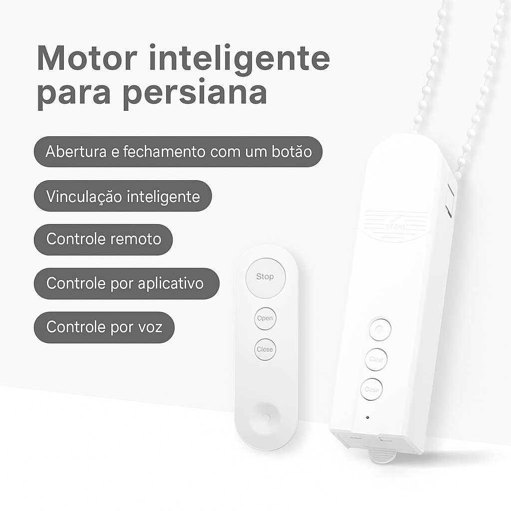 cortina automática com comando de voz

controle remoto de persianas pelo celular

conforto e privacidade programada

casa moderna e conectada

ajuste de luz natural por horários

automação com ótimo custo-benefício

rotina abrir/fechar automática

integração tuya smart life

praticidade no dia a dia

upgrade inteligente para janelas
