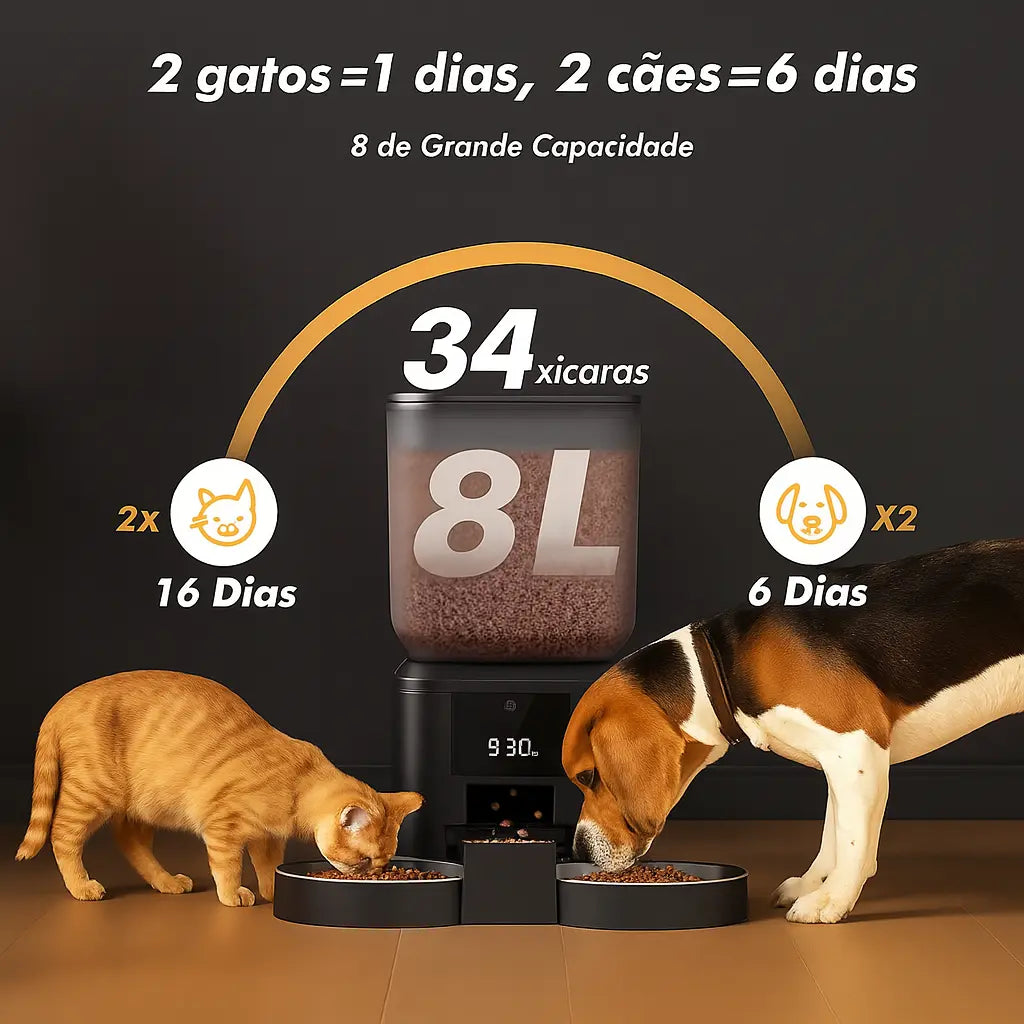 Comedouro eletrônico automático 8 litros

Controle preciso de refeições programadas

Perfeito para gatos e cães de pequeno/médio porte

Autonomia total mesmo fora de casa

Evita excesso de ração e obesidade em pets

Fácil de usar com tela digital de controle

Funcionamento silencioso que não assusta

Design inovador e durável contra entupimentos

Rotina saudável garantida para seu pet

Solução prática para donos que viajam ou trabalham
