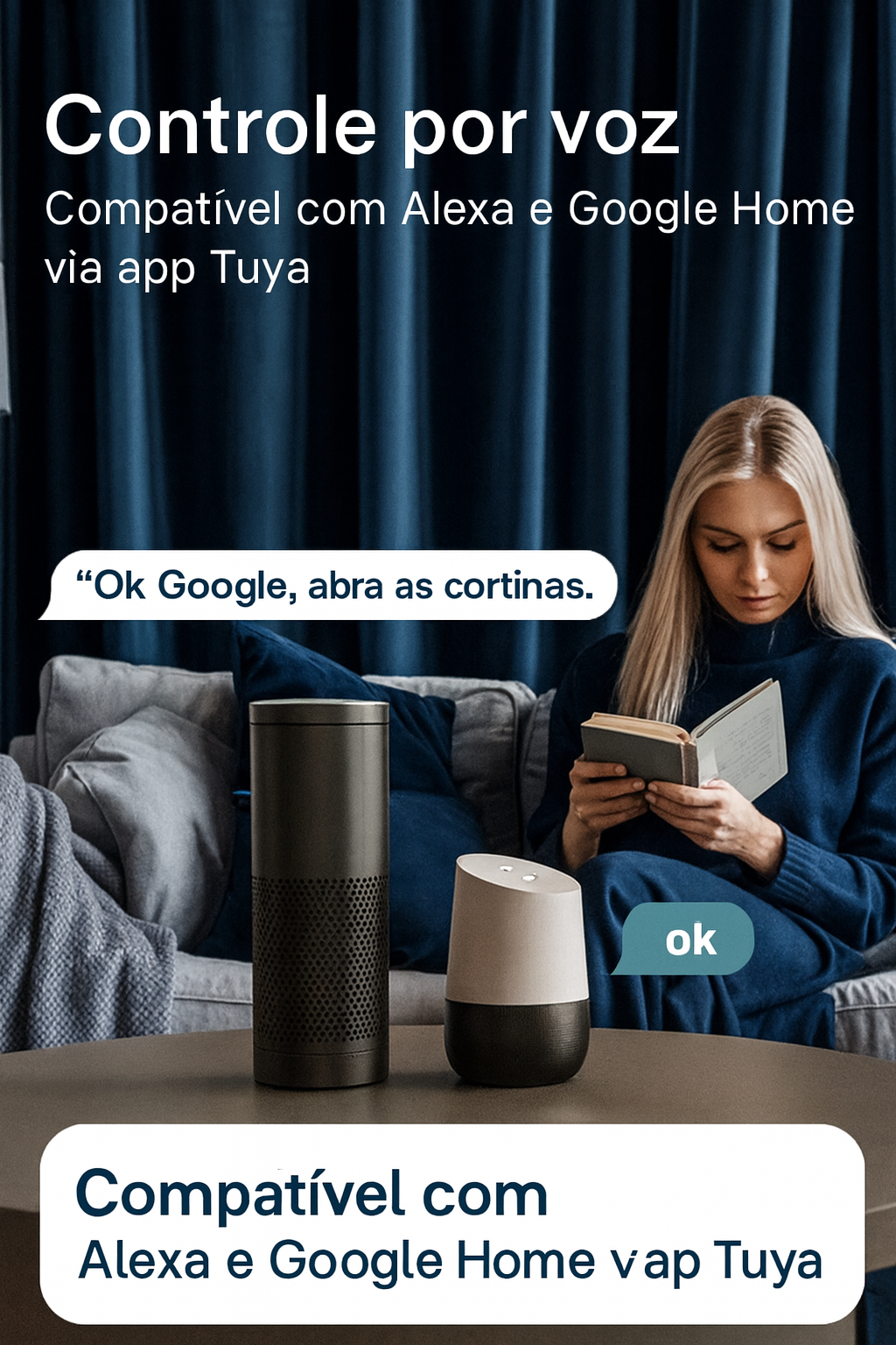 Cortina Inteligente Zemismart Zigbee com Controle por Voz, App Tuya e Automação Alexa/Google