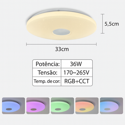 Luminária Inteligente de Teto 36W RGB com Música – Controle por App Tuya, Remoto e Alexa/Google