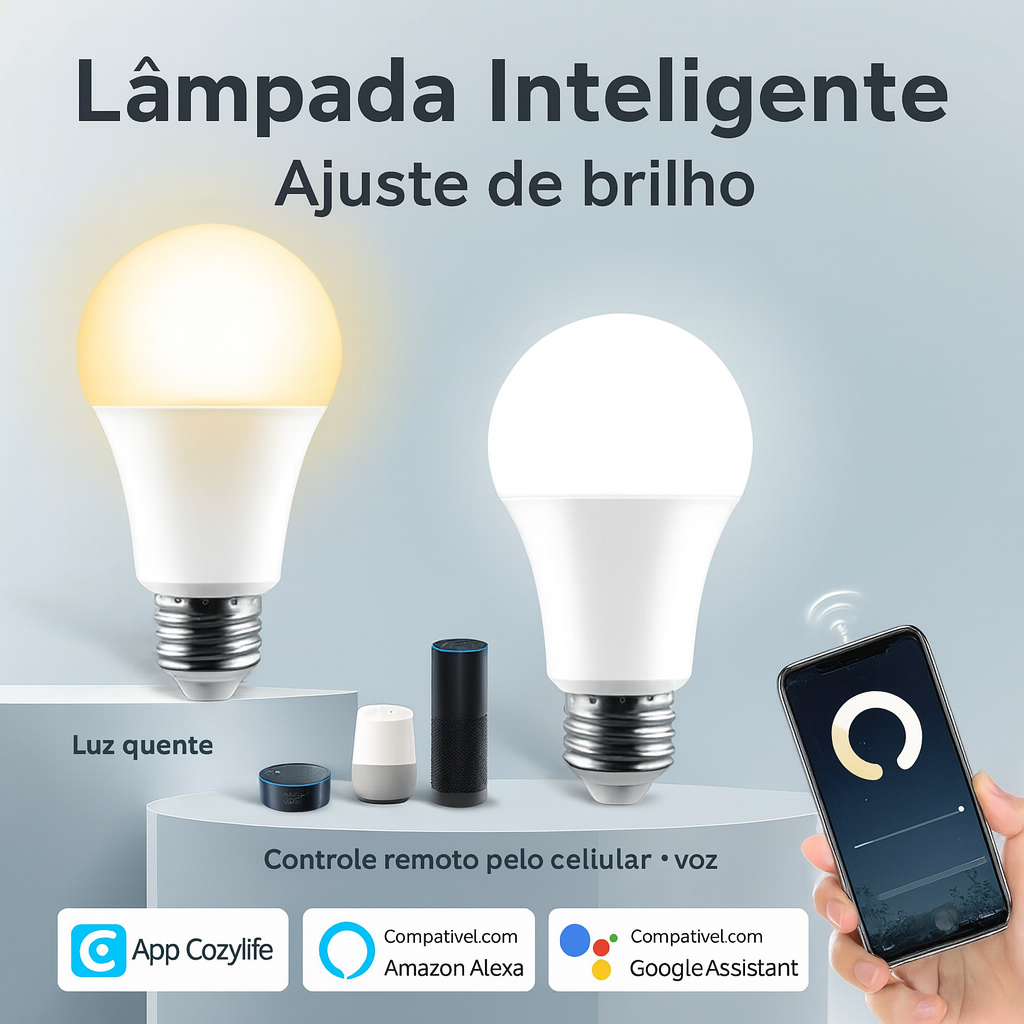 Luminária Inteligente Wi-Fi E27 com Controle por Voz – Luz Ajustável 2700K–6500K, App Cozylife e Alexa/Google