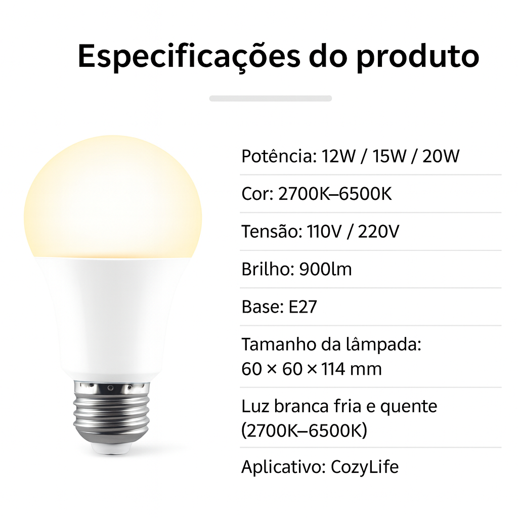 Luminária Inteligente Wi-Fi E27 com Controle por Voz – Luz Ajustável 2700K–6500K, App Cozylife e Alexa/Google