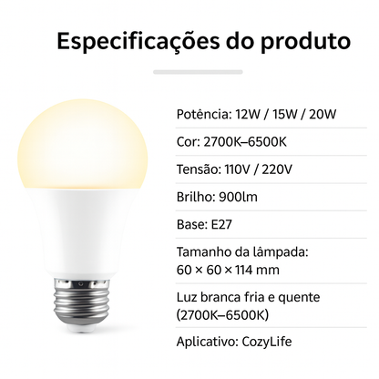 Luminária Inteligente Wi-Fi E27 com Controle por Voz – Luz Ajustável 2700K–6500K, App Cozylife e Alexa/Google