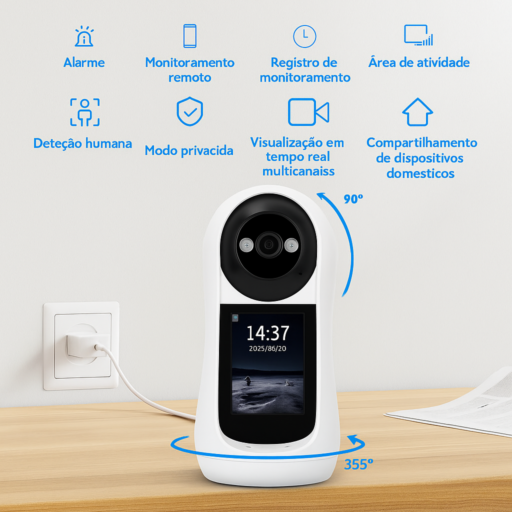 Veja e fale em tempo real com a família

Cobertura 360° para quartos e salas

Ideal para bebês, idosos e pets

Acompanhe de qualquer lugar pelo app

Alertas no celular quando houver movimento

Imagem nítida no escuro (noite colorida)

Conexão e proteção para sua casa

Gravação automática em cartão ou nuvem

Configuração em minutos (USB-C)

Segurança inteligente e acessível para o dia a dia
