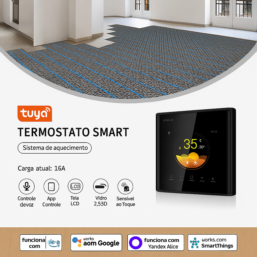 Termostato Inteligente Wi-Fi Tuya 16A - Controle de Temperatura Alexa e Google Home