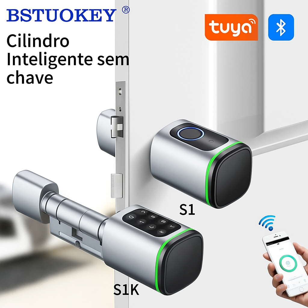 Fechadura Inteligente Biométrica Tuya - Cilindro Smart com Senha e App para Portas