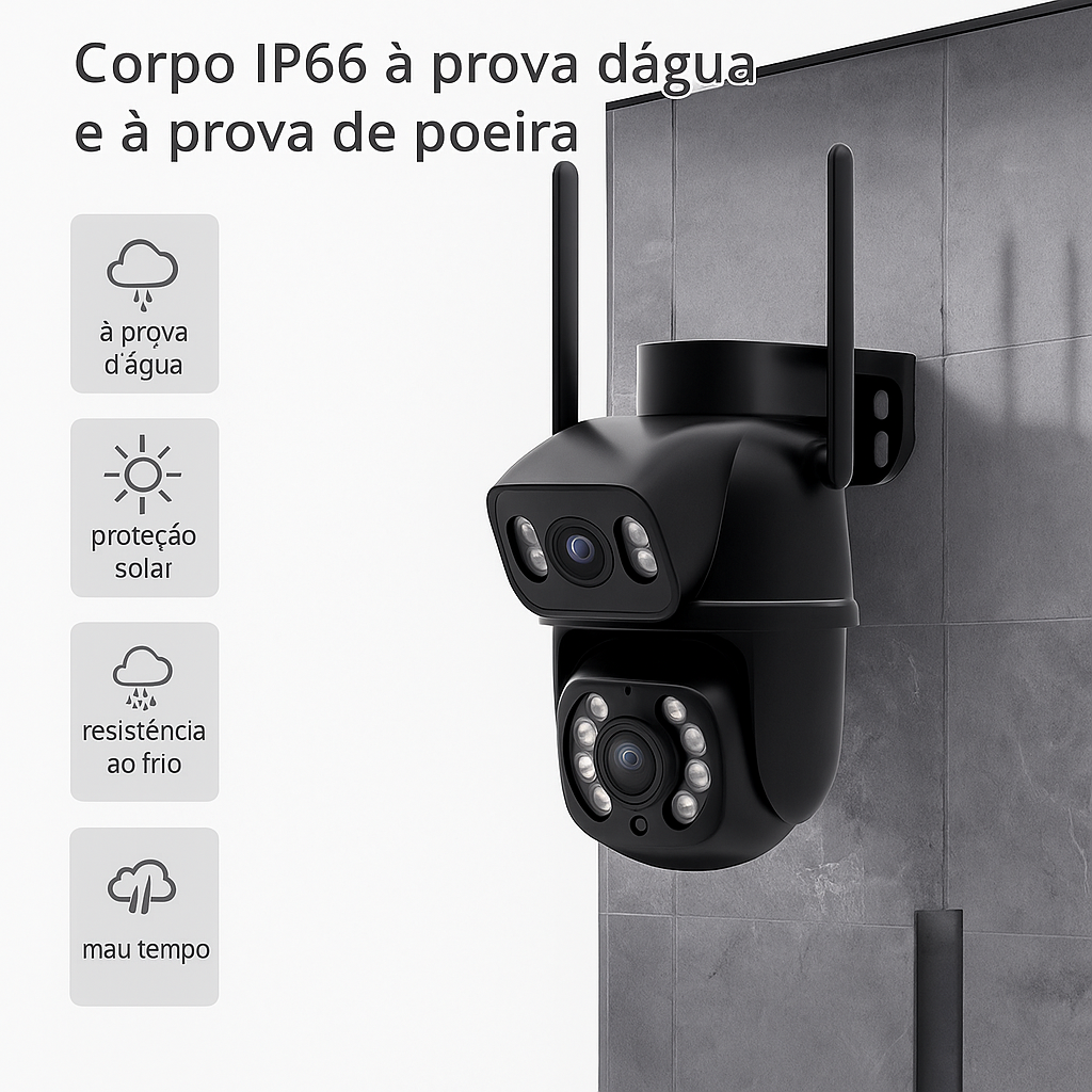 Câmera IP Wi-Fi inteligente 4K

Monitoramento 24h com app no celular

Inteligência artificial para detectar pessoas

Comunicação em tempo real com áudio bidirecional

Zoom inteligente com lente dupla (4mm + 12mm)

Resistência IP à prova d’água

Conexão Wi-Fi + Bluetooth estável

Segurança avançada para residências e negócios

Instalação rápida e prática

Câmera smart premium com alta definição