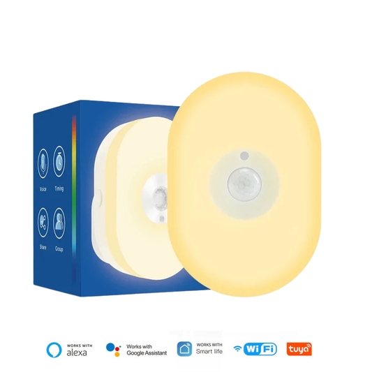 luz noturna inteligente
sensor de movimento 120°
detecção 5 metros
Wi-Fi 2.4 GHz
Bluetooth dual-mode
Tuya Smart Life
controle por app
comandos por voz
compatível com Alexa
compatível com Google Home