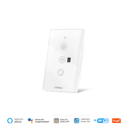 interruptor inteligente wi-fi ventilador
tuya / smart life app
alexa / google assistant voz
painel touch vidro temperado
5 níveis de velocidade
controle luz + ventilador
timer integrado
display digital com led
wkmb-fsd02
wi-fi 2.4ghz
100–240v | 50–60hz
carga máxima 10a / 300w
material pc/abs + vidro
requere neutro (instalação)
certificações ce/rohs/anatel
dimensões 120×74×40mm