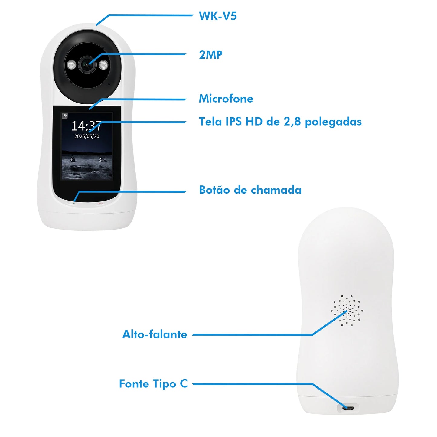 Babá eletrônica 360° WK-V5 com Tela IPS - Monitor de Bebê e Pet com Vídeo Chamada
