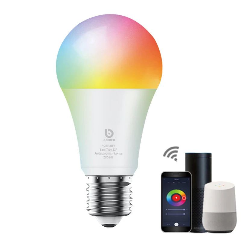 Lâmpada Inteligente Wi-Fi Tuya E27 RGB+W - LED Smart 15W compatível com Alexa