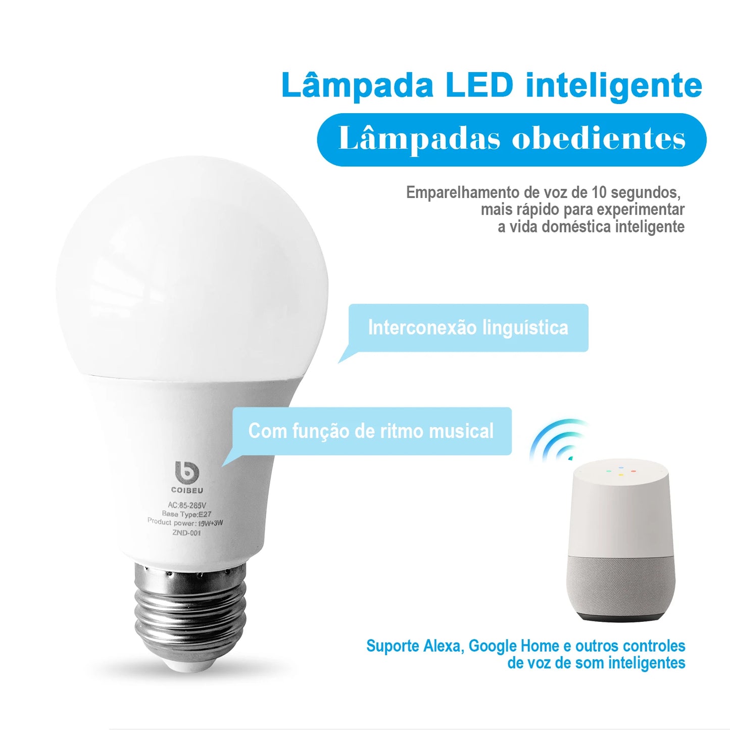 Lâmpada Inteligente Wi-Fi Tuya E27 RGB+W - LED Smart 15W compatível com Alexa