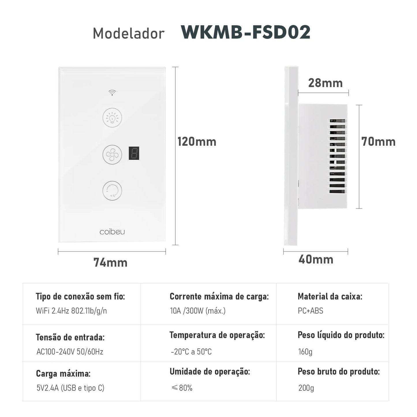 Interruptor Inteligente Touch para Ventilador Wi-Fi - Painel com Controle de Velocidade e Alexa