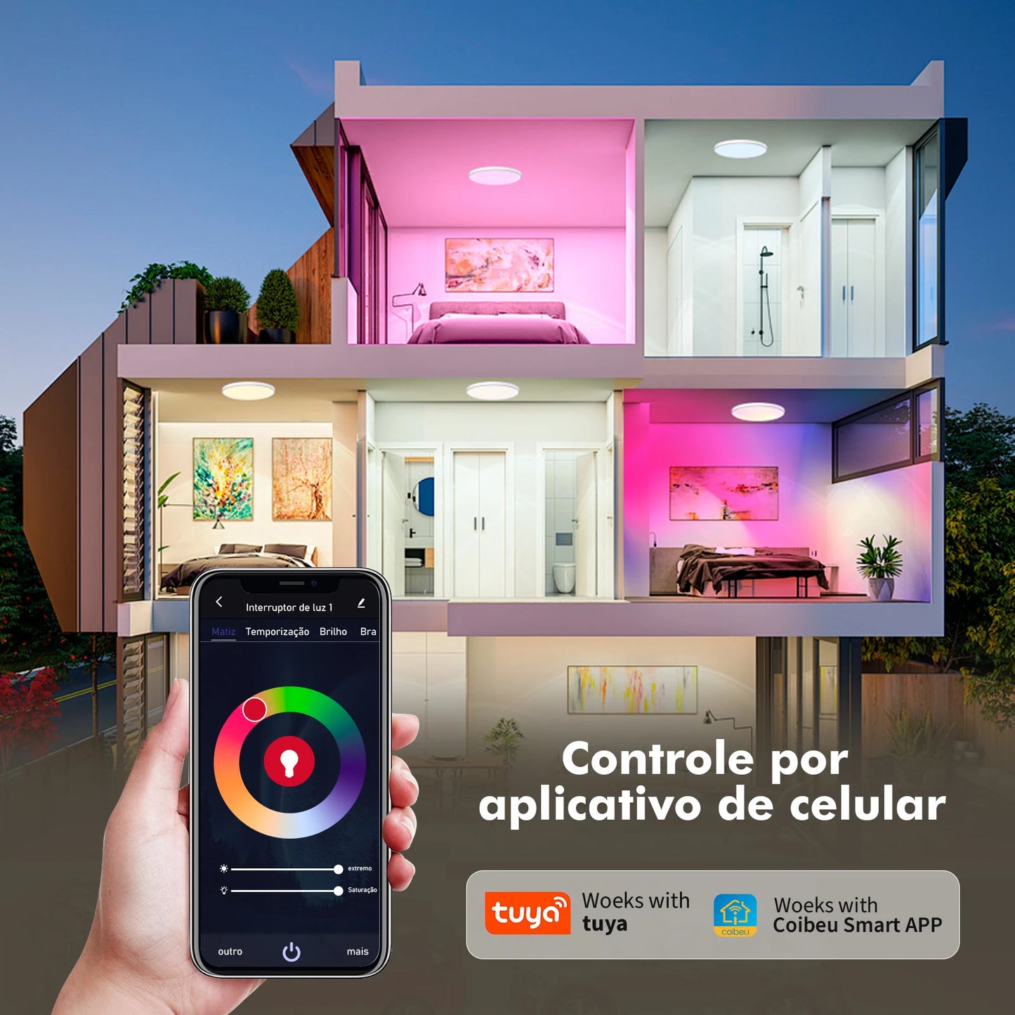 Luminária de Teto Inteligente COIBEU RGB 24W – Controle por App, Alexa e Google Assistant