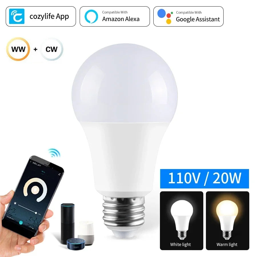 Luminária Inteligente Wi-Fi E27 com Controle por Voz – Luz Ajustável 2700K–6500K, App Cozylife e Alexa/Google