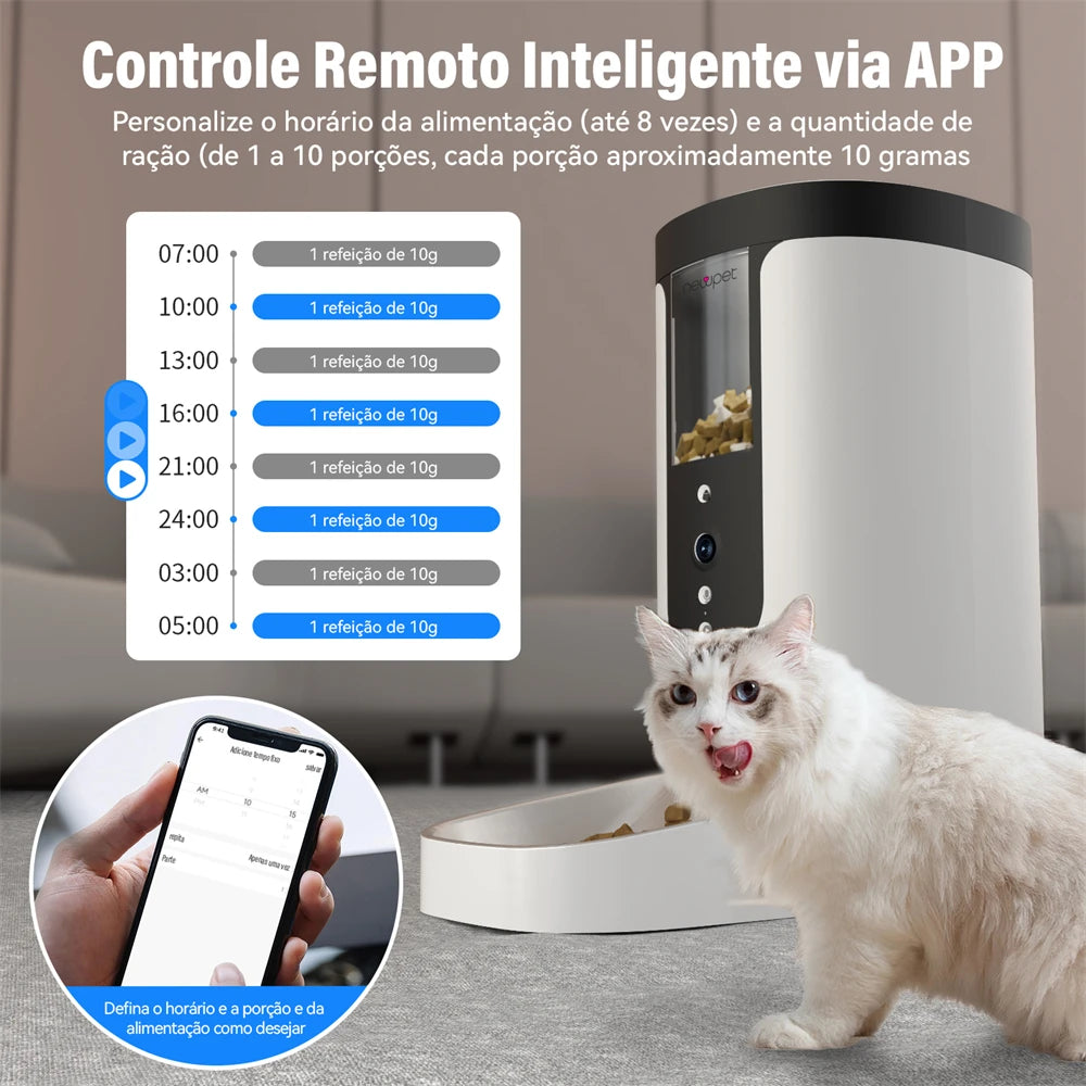 Comedouro eletrônico inteligente com vídeo

Alimentador automático conectado ao app

Câmera HD 2MP para monitorar pets em tempo real

Agendamento remoto de porções e horários

Energia de backup com pilhas tipo D

Tigela em aço inox higiênica e durável

Operação silenciosa, segura e eficiente

Controle por voz e chamadas à distância

Automação completa da rotina alimentar

Tecnologia smart para saúde e bem-estar pet