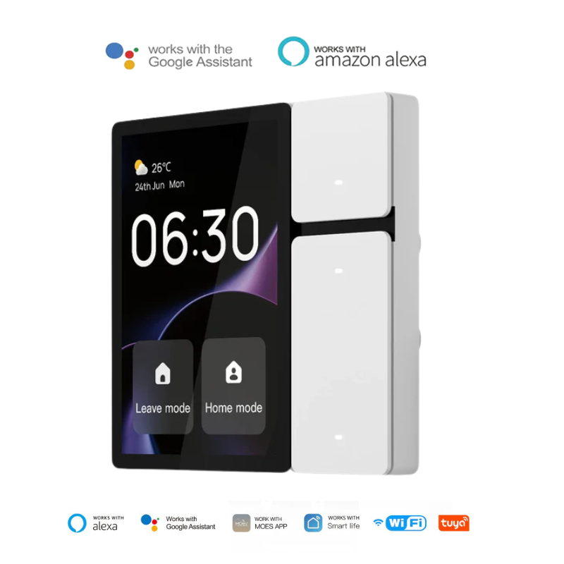 Painel inteligente MOES 3.5” Tuya

Wi-Fi + Bluetooth SigMesh + IR embutido

3 relés físicos (3×200W / 600W total)

Controle central de até 200 dispositivos

Comando por voz: Alexa e Google

App Tuya / Smart Life (cenas e agendamentos)

Relógio flip na tela touch 320×480

Gateway Bluetooth Mesh (até 128 subdispositivos)

Substitui controles de TV/AC via infravermelho

Instalação embutida 86×86 mm (100–240V)