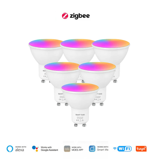 Lâmpada inteligente GU10 Wi-Fi/Zigbee

Compatível com Alexa e Google Home

RGB + C+W: 16 milhões de cores + branco frio/quente

Controle remoto pelo app Tuya/Smart Life

Economia de energia: 5W equivale a 50W

Ajuste de brilho, cor e temperatura da luz

Timer e programação de rotinas automáticas

Modo música – luz sincronizada com som

Instalação simples em soquete GU10 padrão

Iluminação moderna, prática e conectada