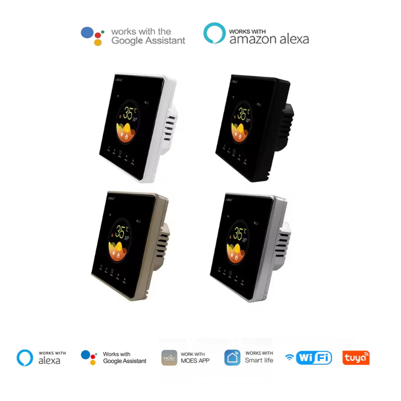 Termostato inteligente Wi-Fi Tuya 16A

Controle remoto pelo app Smart Life/Tuya

Compatível com Alexa e Google (voz)

Tela LCD touch 2.5D embutida (86×86 mm)

Programação semanal e rotinas por horário

Sensor de piso incluso (modelo 16A – cabo 3 m)

Suporta piso aquecido até 3600W

Modos: piso elétrico / água / gás

Bloqueio infantil e controle por ambiente

Wi-Fi 2.4GHz, tensão 95–240V, CE