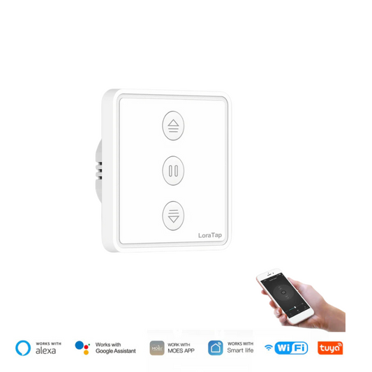 interruptor cortina wi-fi tuya

loratap / qcsmart curtain switch

alexa / google assistant

motores tubulares 4 fios (AC)

abrir/parar/fechar + porcentagem*

timer e cenas no app

100–250V, até 600W

wi-fi 2.4GHz, sem hub

instalação DIY (fio neutro necessário)

abs antichamas, CE/RoHS