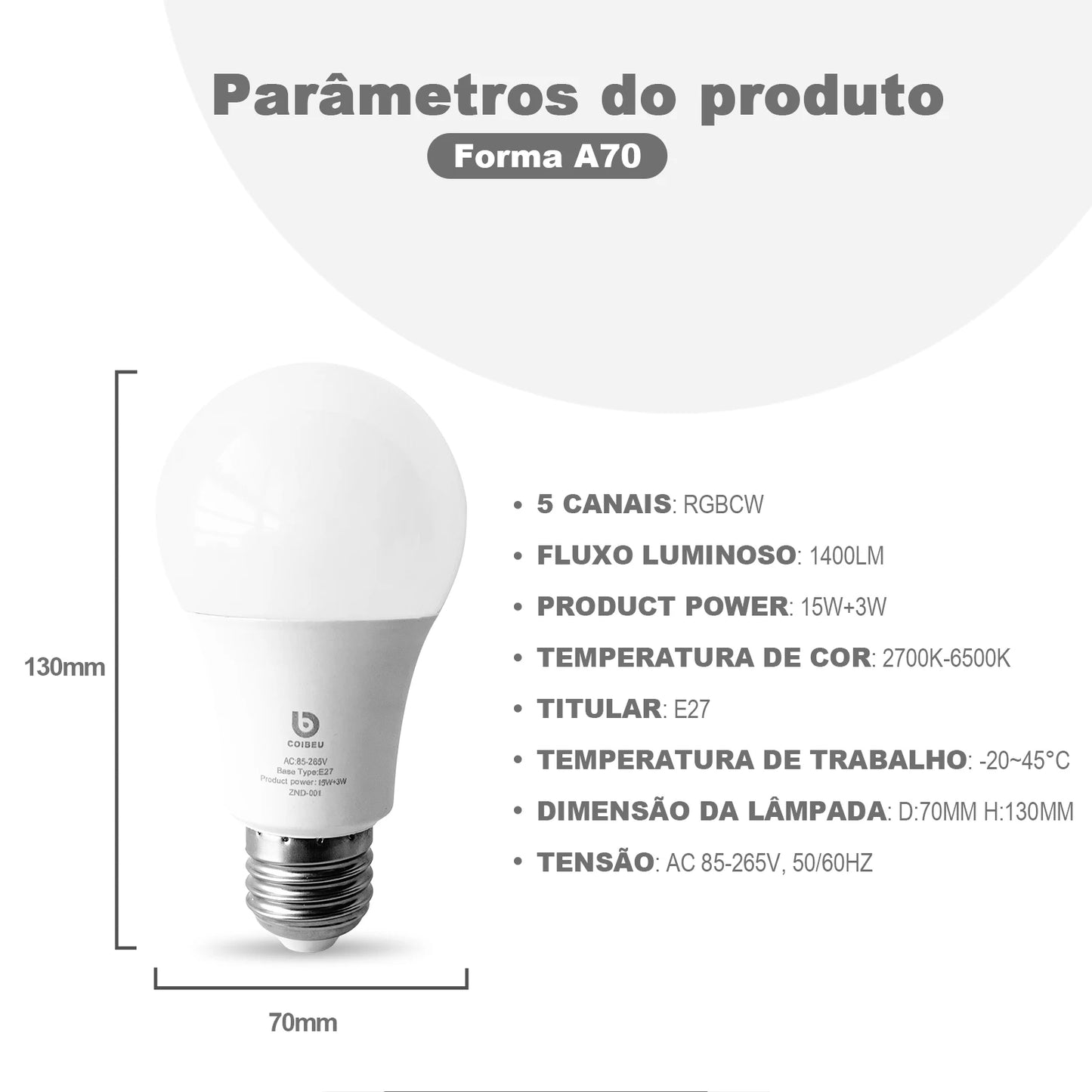 Lâmpada Inteligente Wi-Fi Tuya E27 RGB+W - LED Smart 15W compatível com Alexa
